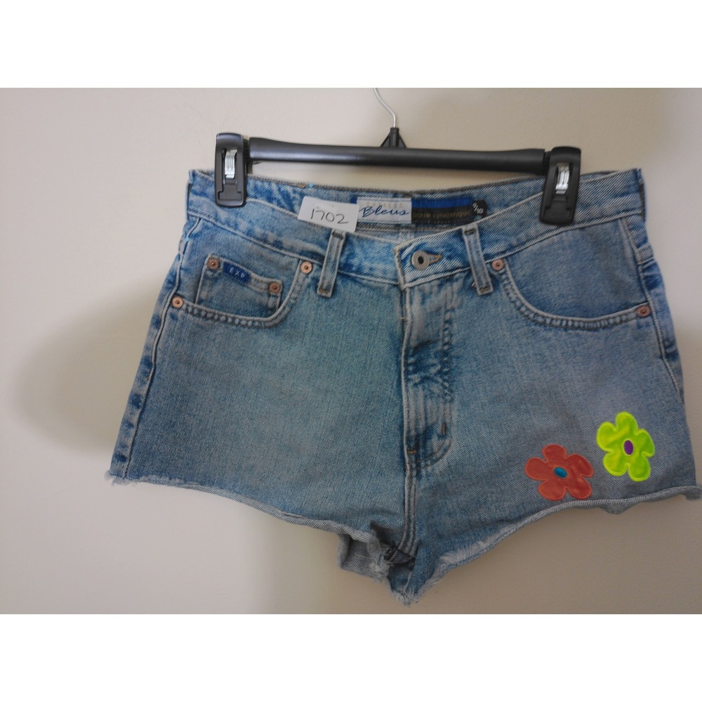 Express Bleus Denim Shorts Womens 9/10 Blue Vtg Inspo Flower Patch Raw Hem Y2K